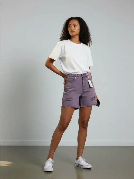 Zenana Outfitters Stretchy Lavender High-Rise Distressed Jean Shorts - Picture 1 of 4